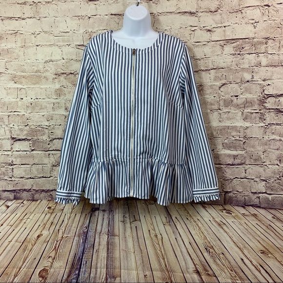 Denim & Company Blue Striped Zipper Front Long Sleeve Jacket - Picture 1 of 13